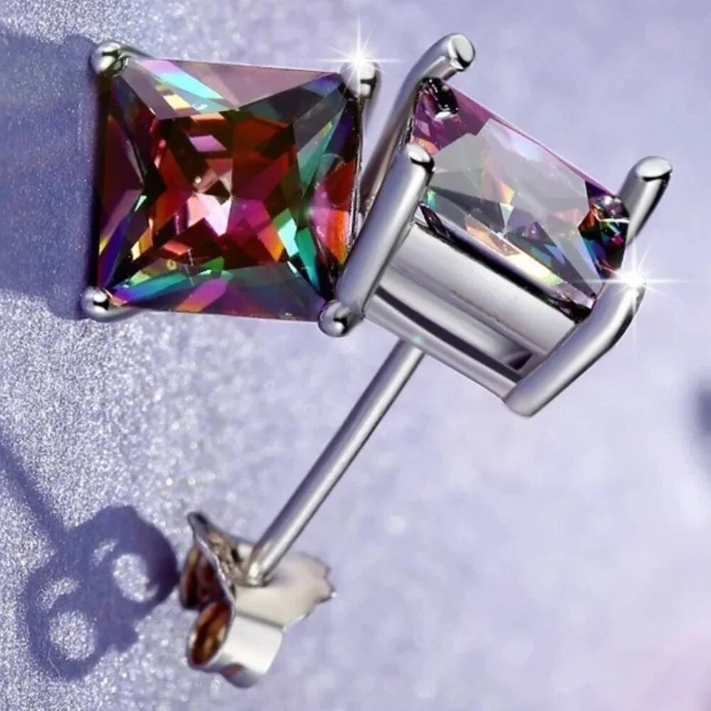 Mystic Rainbow Topaz 3.50CT Princess Cut Earring Pair, 925 Sterling Silver - Picture 6 of 7